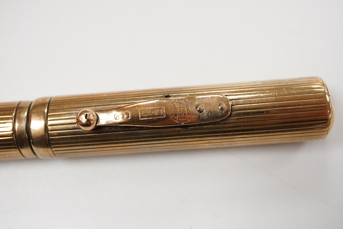 A Waterman FDW. 9ct. gold lined pattern fountain pen fitted with No.2 Waterman nib - good condition other than initials removed from cartouche